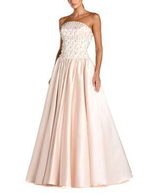 Satin Pearl Beaded Dropwaist Strapless Ballgown by MAC DUGGAL