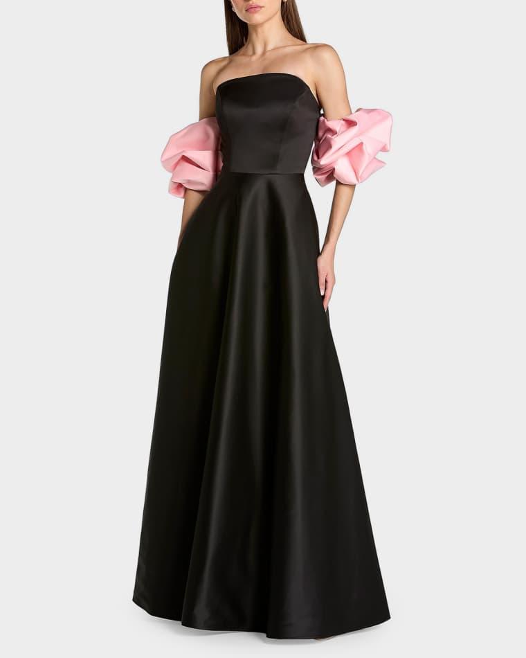 Satin Puff-Sleeve Off-The-Shoulder Gown by MAC DUGGAL