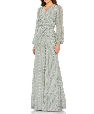 Sequin-Embellished Long Sleeve V-Neck Evening Gown by MAC DUGGAL