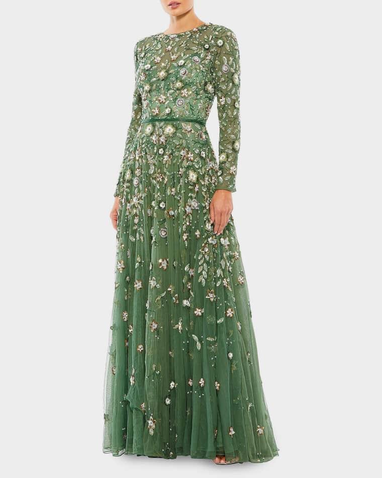 Sequin Floral Applique A-Line Gown by MAC DUGGAL