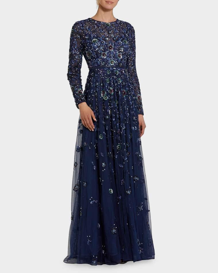 Sequin Floral Applique A-Line Gown by MAC DUGGAL