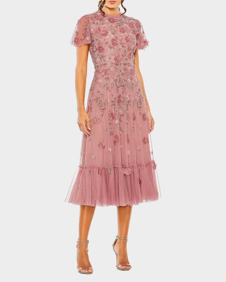 Sequin Floral Applique Tulle Midi Dress by MAC DUGGAL