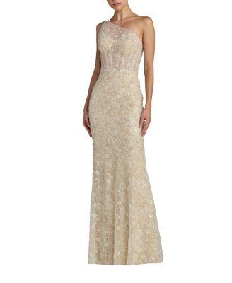 Sequin Floral Sheer One Shoulder A Line Gown by MAC DUGGAL