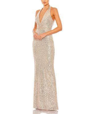 Sequin Halter Strap Plunge Neck Gown by MAC DUGGAL