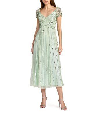 Sequin Mesh Midi Dress With Beaded Shoulders by MAC DUGGAL