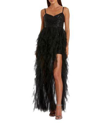Sequin Mini With High Low Ruffle Tiered Train Dress by MAC DUGGAL
