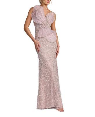 Sequin Organza Strapless Bow Detail Column Gown by MAC DUGGAL