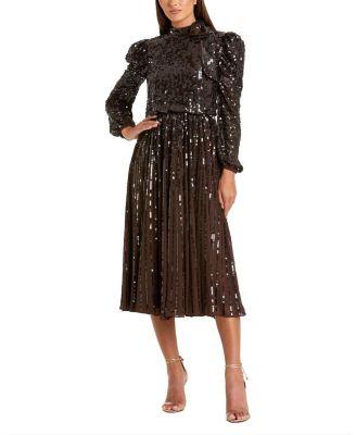 Sequin Puff Sleeve Pleated Midi Dress by MAC DUGGAL