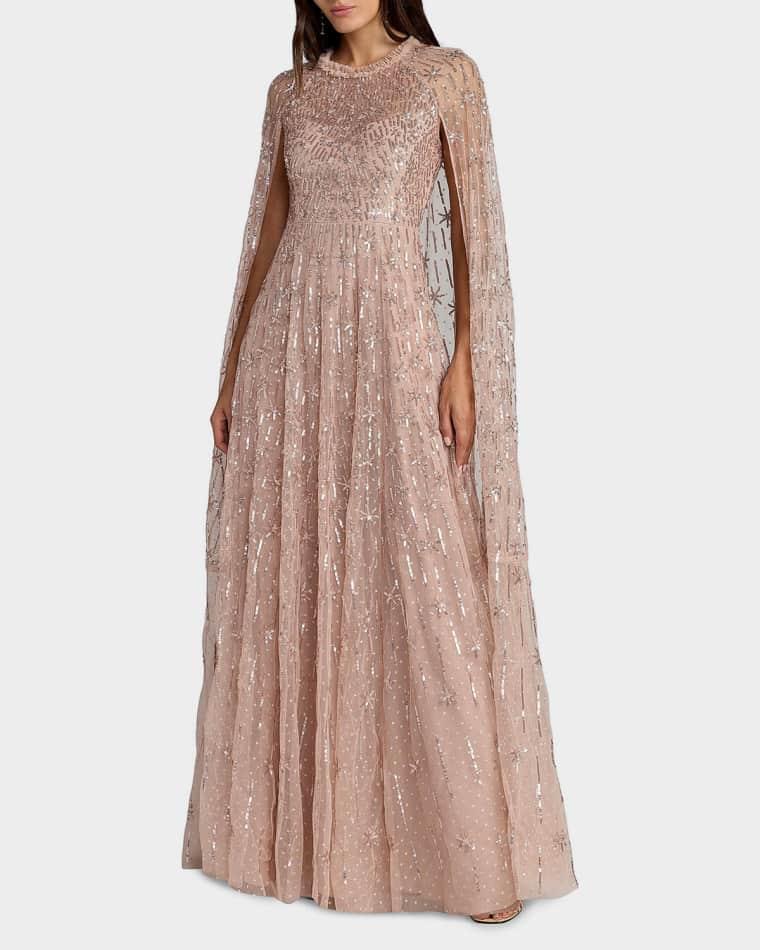 Sequined Cape-Sleeve Gown by MAC DUGGAL
