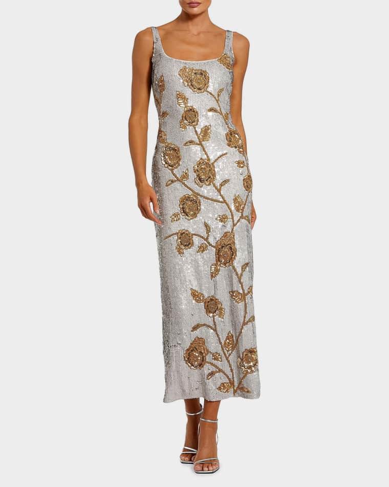 Sequined Floral Mesh Cocktail Midi Dress by MAC DUGGAL