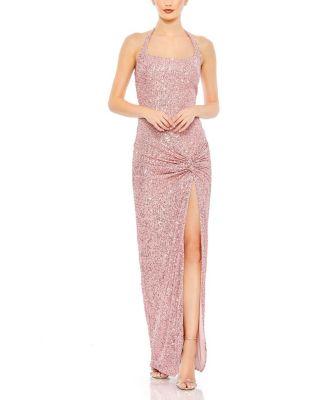 Sequined Halter Strap Low Side Knot Gown by MAC DUGGAL