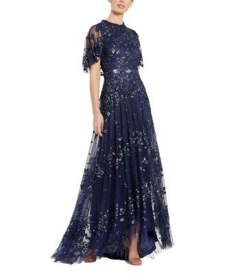 Sequined High Neck Flutter Sleeve A Line Gown by MAC DUGGAL