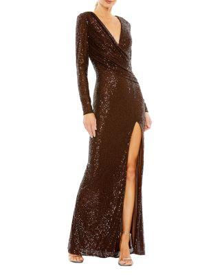 Sequined Long Sleeve Faux Wrap Ruched Gown by MAC DUGGAL