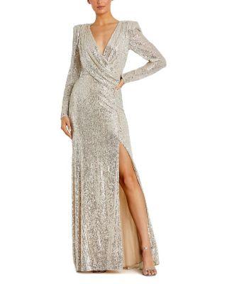 Sequined Long Sleeve Faux Wrap Ruched Gown by MAC DUGGAL