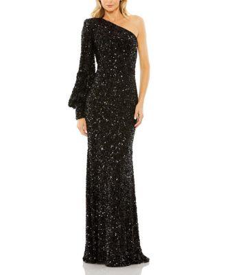 Sequined One Shoulder Bishop Sleeve Trumpet Gown by MAC DUGGAL