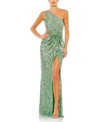 Sequined One Shoulder Draped Lace Up Gown by MAC DUGGAL