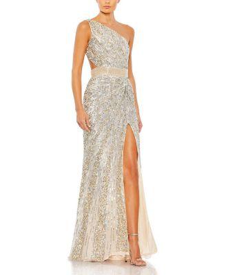 Sequined One Shoulder Draped Lace Up Gown by MAC DUGGAL
