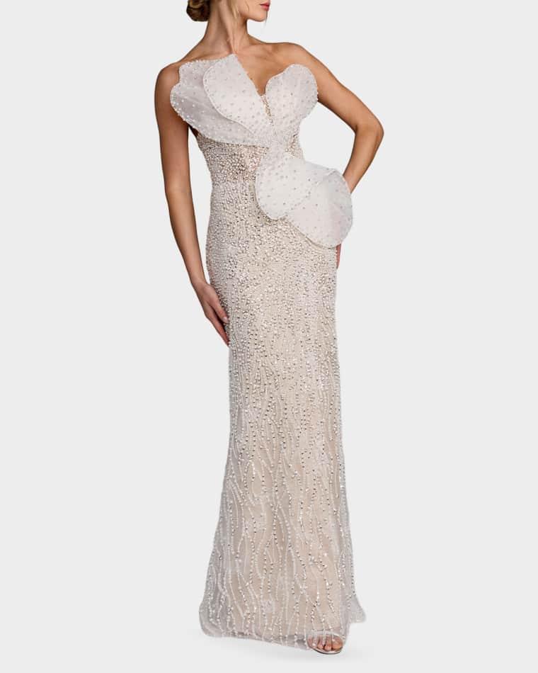 Sequined Organza Strapless Bow Detail Column Gown by MAC DUGGAL