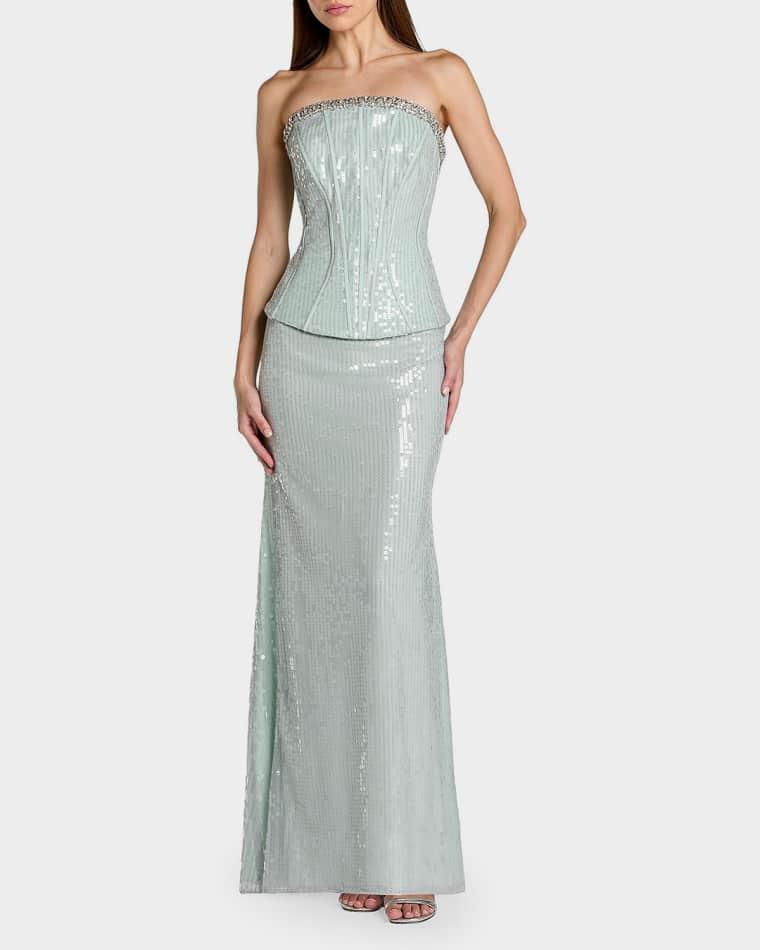 Sequined Peplum Strapless Gown by MAC DUGGAL