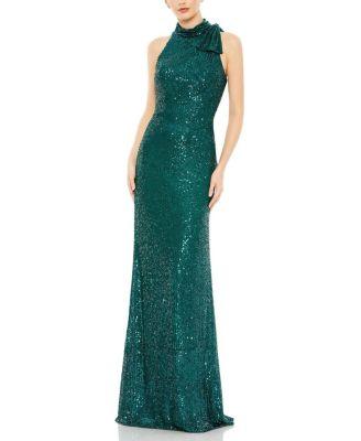 Sequined Soft Tie Halter Neck Column Gown by MAC DUGGAL