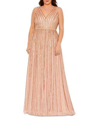 Sequined Striped Sleeveless V Neck A Line Gown by MAC DUGGAL