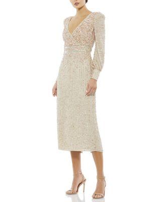 Sequined V Neck Bishop Sleeve Dress by MAC DUGGAL
