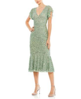 Sequined V Neck Flutter Cap Sleeve Trumpet Dress by MAC DUGGAL