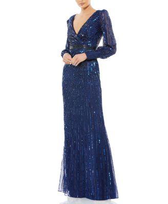 Sequined Wrap Over Bishop Sleeve Gown by MAC DUGGAL