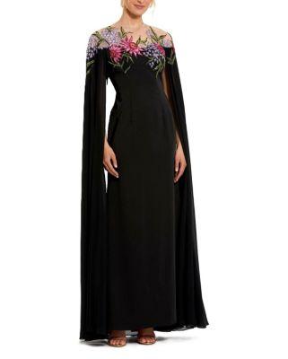 Sheer Cape Beaded Floral Embroidery Detail Gown by MAC DUGGAL