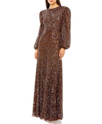 Sheer Long Sleeve Beaded Gown by MAC DUGGAL