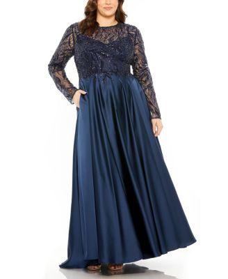 Sheer Long Sleeve Beaded Top Satin Gown by MAC DUGGAL