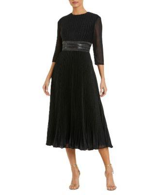 Shimmering 3/4 Sleeve A-Line Midi Dress by MAC DUGGAL