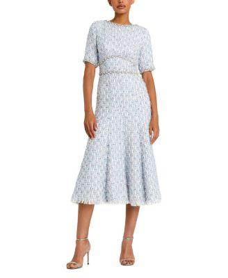 Short Sleeve Beaded Trim Boucle Midi Dress by MAC DUGGAL