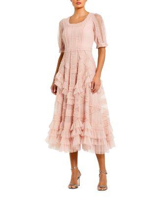 Short Sleeve Mesh Mirco Ruffle Midi Dress by MAC DUGGAL