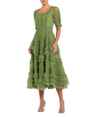 Short Sleeve Mesh Mirco Ruffle Midi Dress by MAC DUGGAL