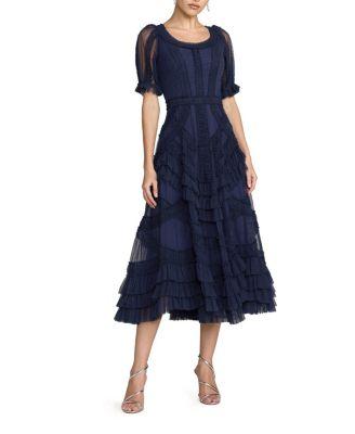 Short Sleeve Mesh Mirco Ruffle Midi Dress by MAC DUGGAL