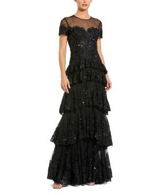 Short Sleeve Tiered Mesh Gown With Embellishments by MAC DUGGAL