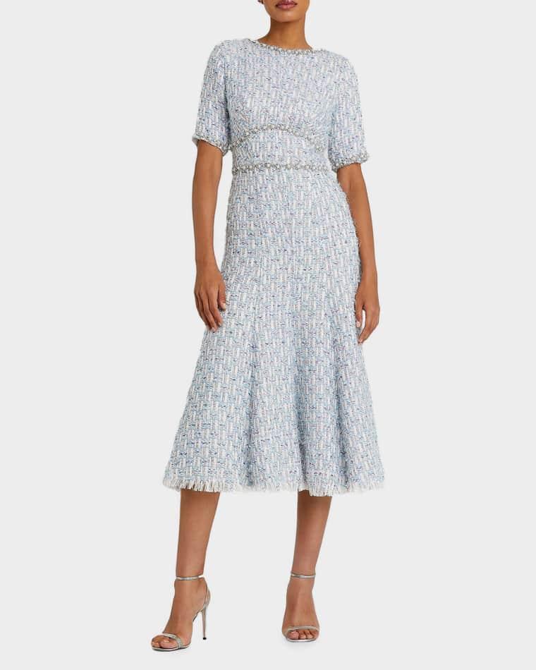 Short-Sleeved Beaded Tweed Midi Dress by MAC DUGGAL