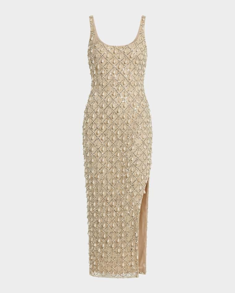 Sleeveless Beaded Bodycon Mesh Midi Dress by MAC DUGGAL