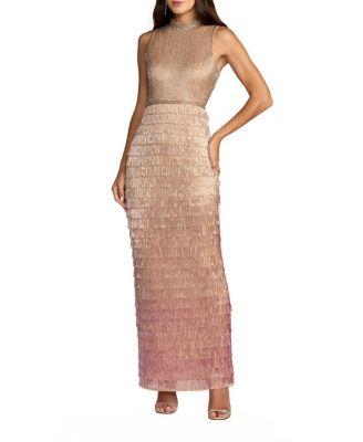 Sleeveless Beaded Mock Neck Fringe Column Gown by MAC DUGGAL