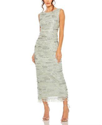 Sleeveless Crystal Fringe Column Dress by MAC DUGGAL