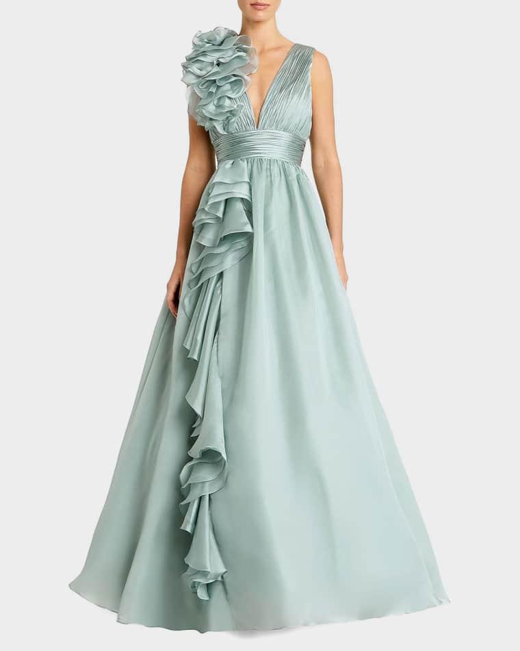 Sleeveless Deep V-Neck Ruffle Gown by MAC DUGGAL