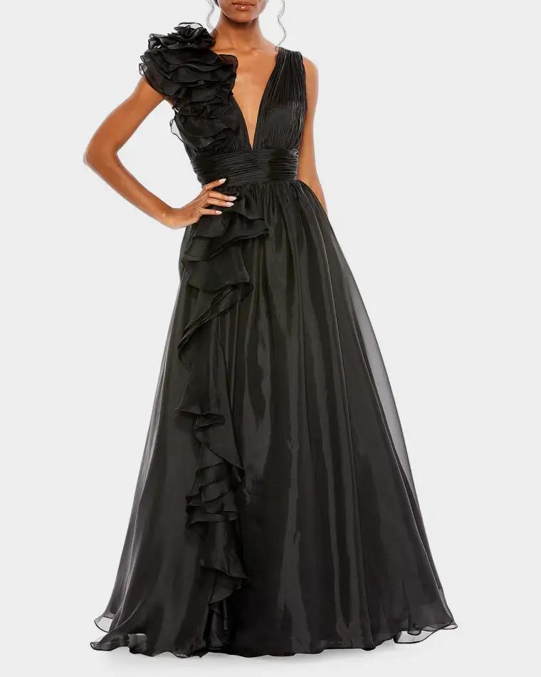 Sleeveless Deep V-Neck Ruffle Gown by MAC DUGGAL