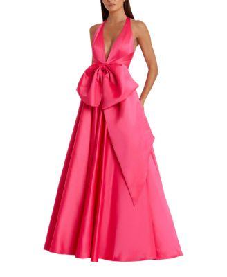 Sleeveless Deep V Satin Gown with Oversized Bow by MAC DUGGAL