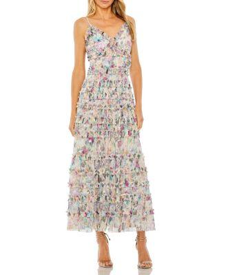 Sleeveless Floral V-Neck Sequin Detail Ruffle Dress by MAC DUGGAL