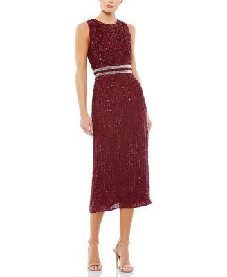 Sleeveless High Neck Beaded Midi Sheath Dress by MAC DUGGAL