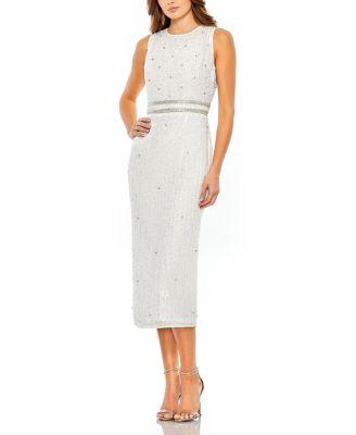 Sleeveless High Neck Beaded Midi Sheath Dress by MAC DUGGAL