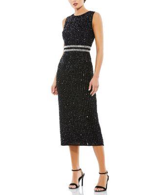 Sleeveless High Neck Beaded Midi Sheath Dress by MAC DUGGAL