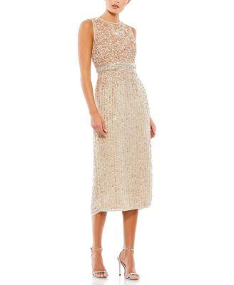 Sleeveless High Neck Beaded Midi Sheath Dress by MAC DUGGAL