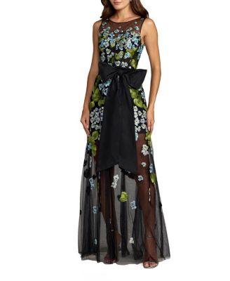Sleeveless Mesh Applique Gown With Bow Belt by MAC DUGGAL